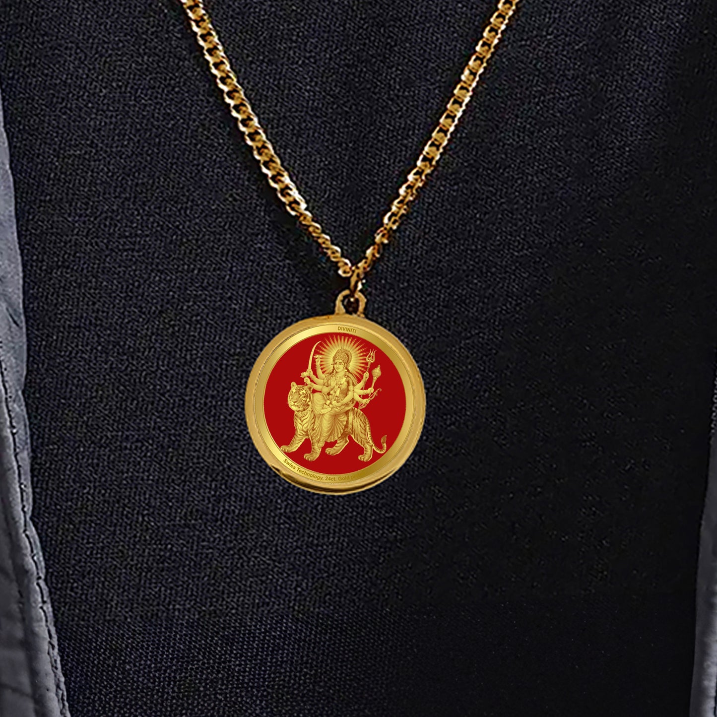 DIVINITI 24K Gold Plated Durga & Mata Ka Darbar 22MM Double Sided Pendant For Men, Women & Kids