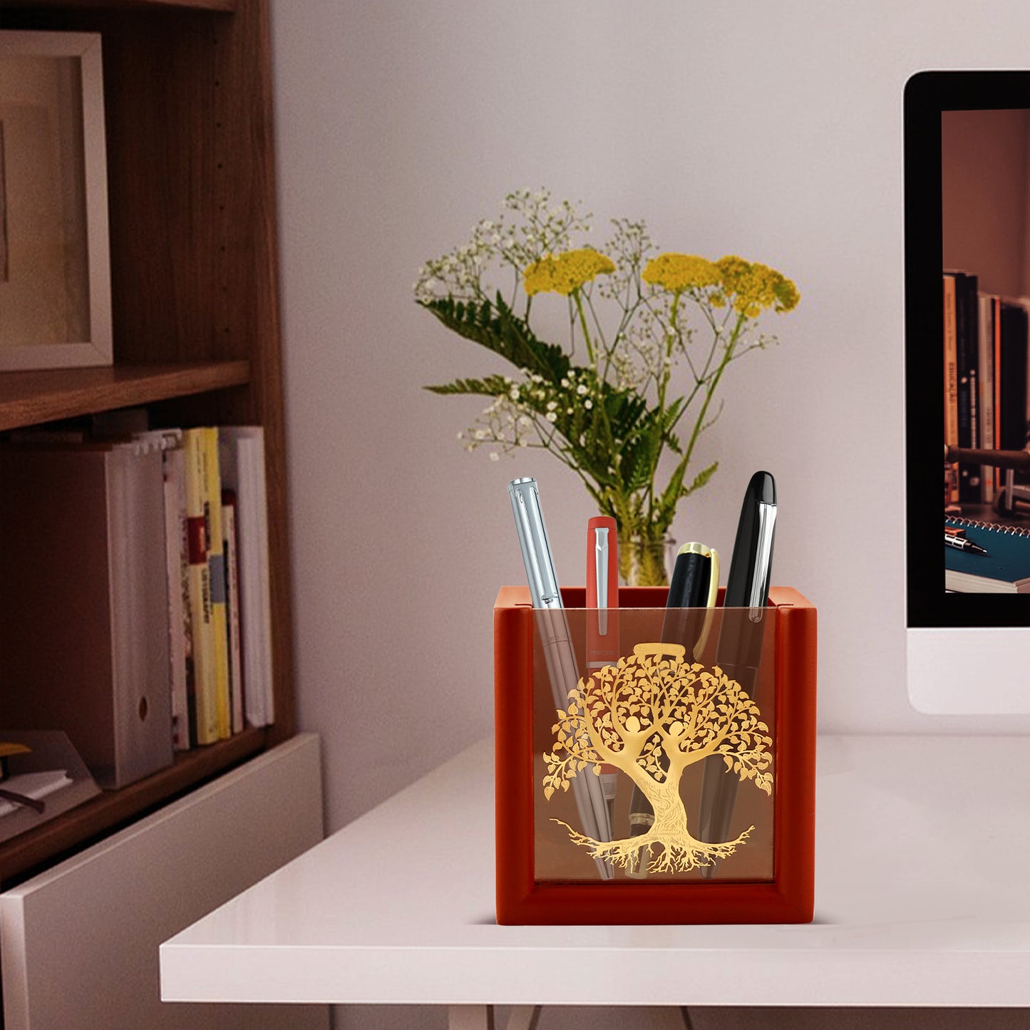 MDF Pen Holder with 24K Gold Plated Tree of Life Frame For Corporate Gifting