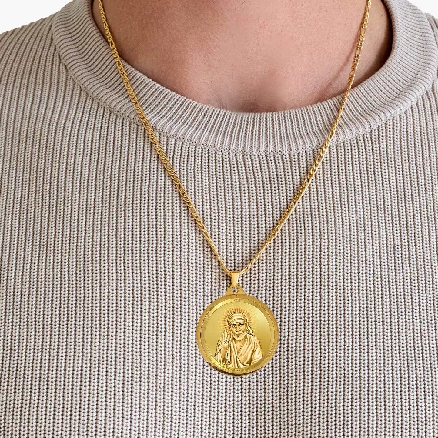 Diviniti 24K Gold Plated Sai Baba & Om 22MM Double Sided Pendant For Men, Women & Kids