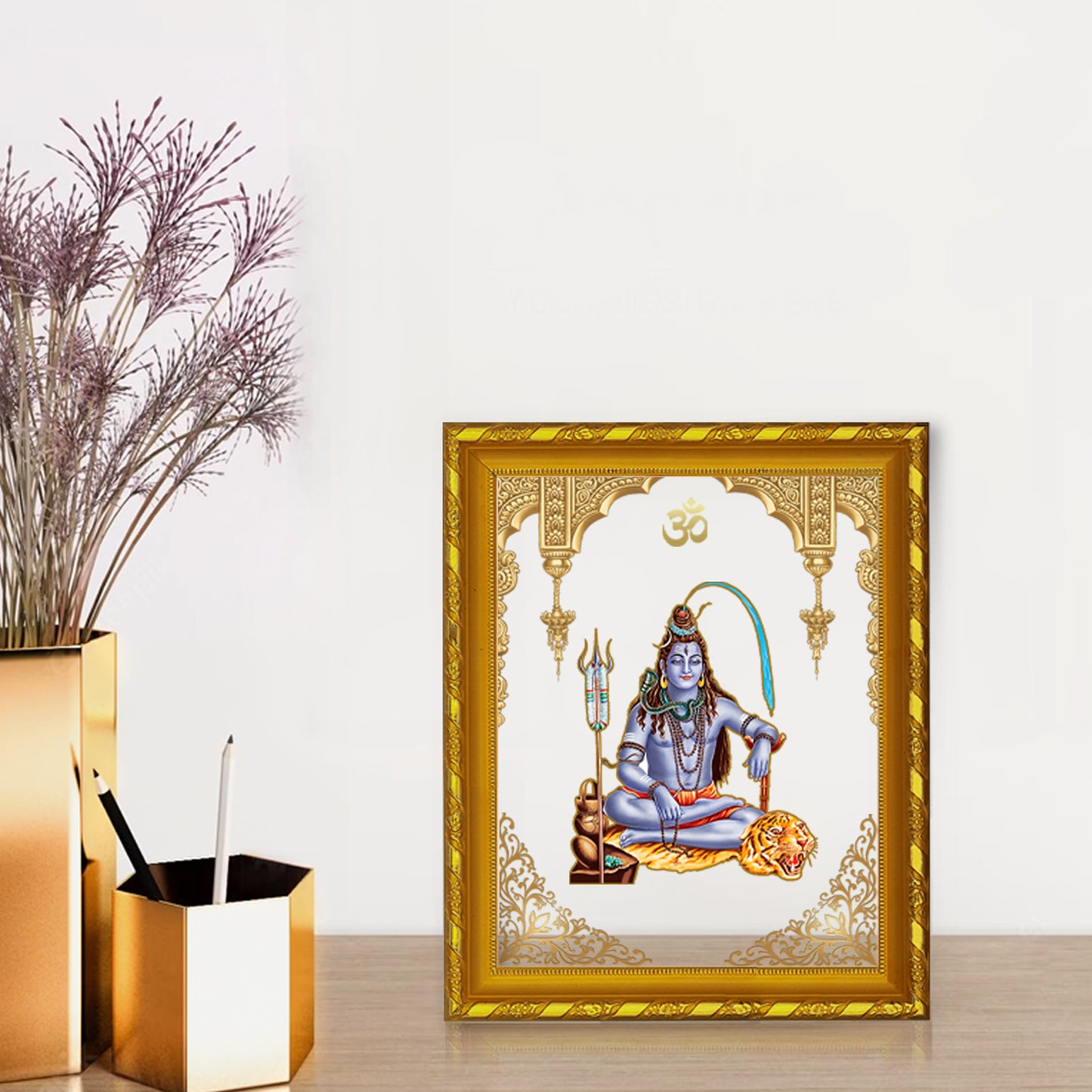 DIVINITI 24K Gold Plated Foil Lord Shiv Photo Frame for Wall Hanging, Workshop, Table Top, Home Decor, Gift|DG103 Size 2 (22.6x18.4 CM)