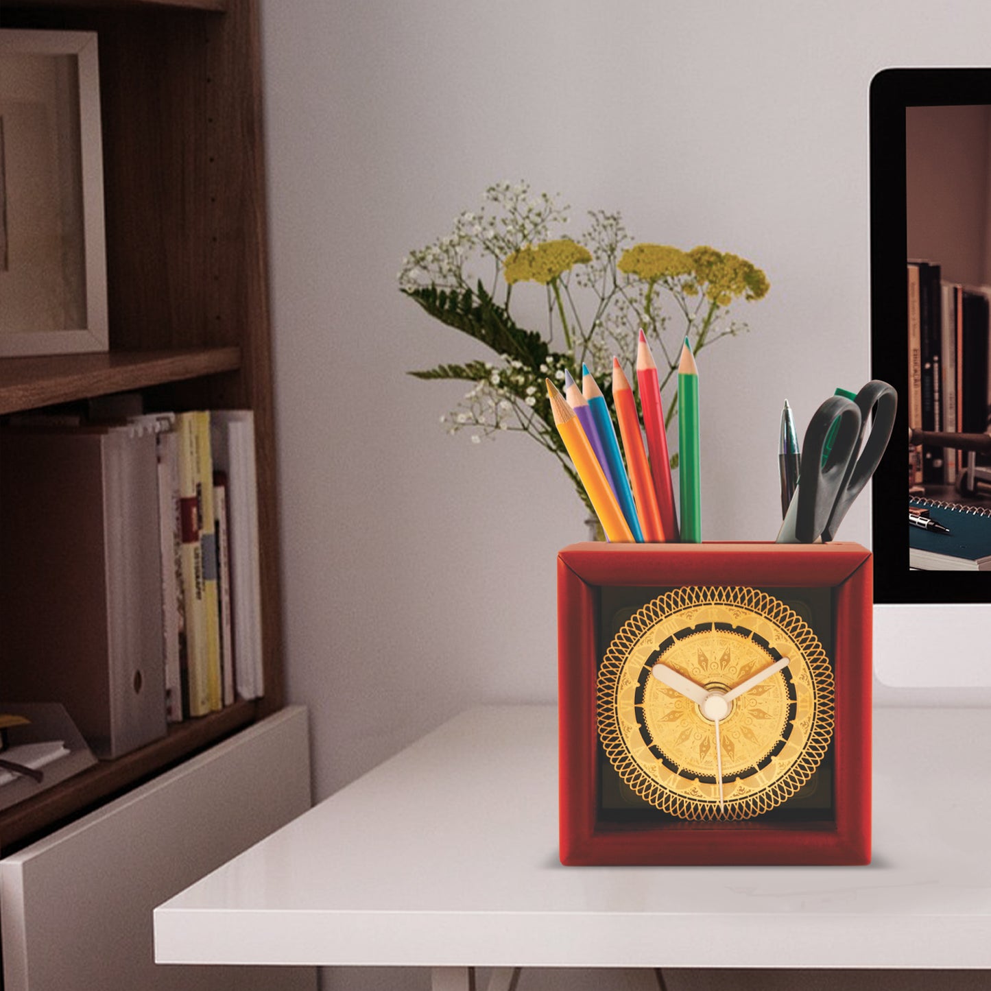 Customized MDF Pen Holder with 24K Gold Plated Ornamented Clock Frame For Corporate Gifting (8.2x9.5x8.2 cm)