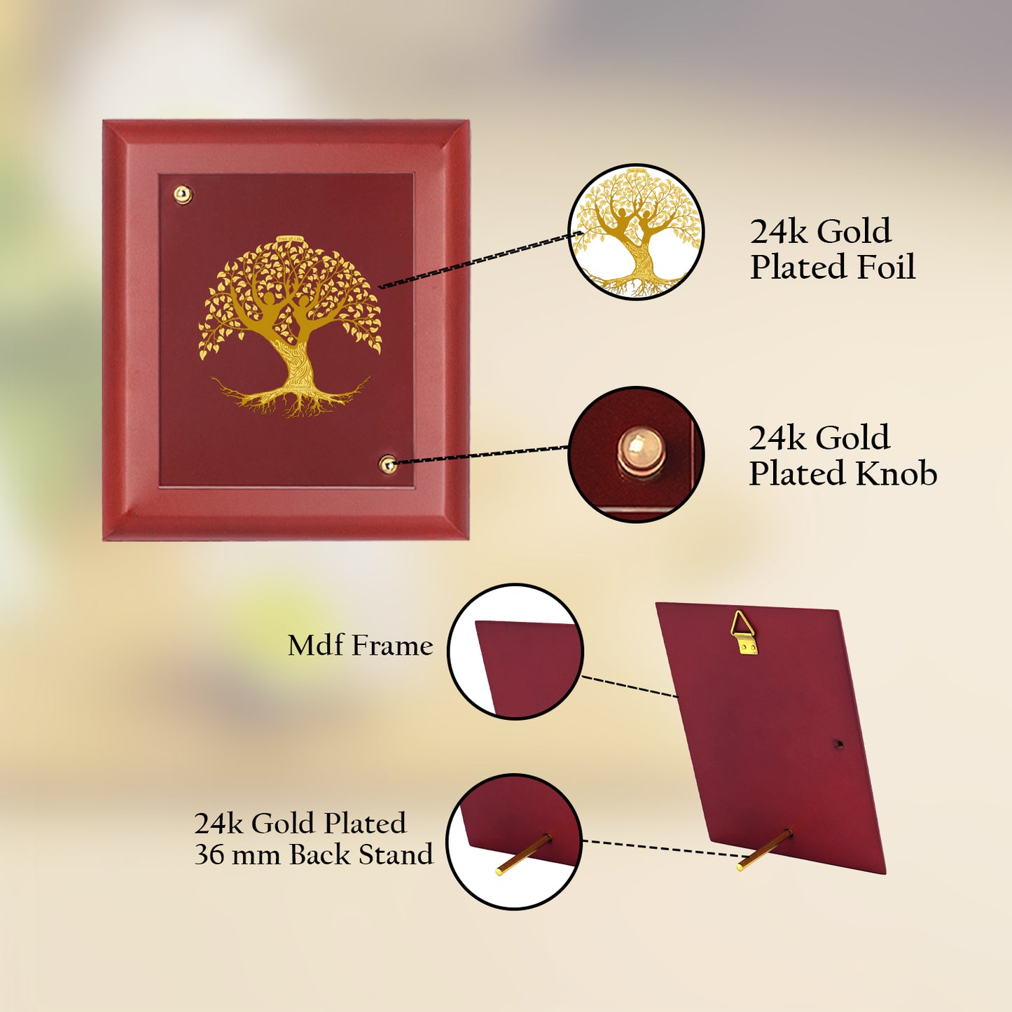 DIVINITI 24K Gold Plated Foil Tree of Life Photo Frame For Home Decor & Wall Hanging MDF Size 2 (20x16 CM)