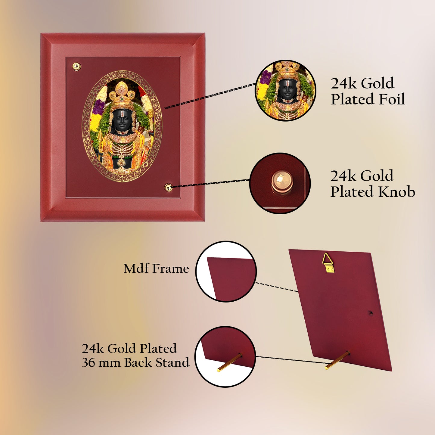 DIVINITI 24K Gold Plated Foil Lord Ram Lalla Traditional Photo Frame Idol for Home Decor, Wall Hanging, Table Top, Puja Room, Gift|MDF Size 1 (16.7x14.2 CM)