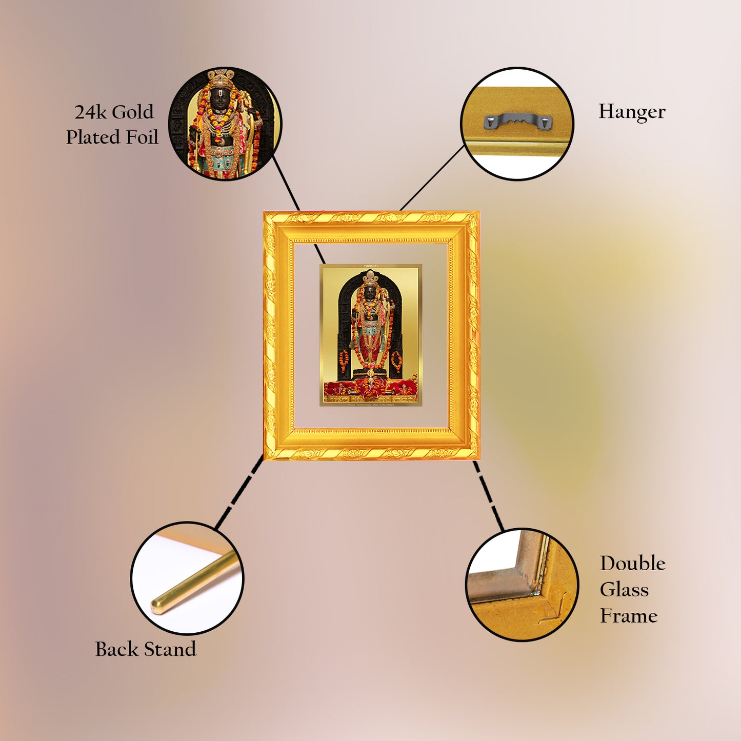 DIVINITI 24K Gold Plated Foil Ram Lalla Photo Frame for Home & Office Decor, Table Top, Wall Decor, Puja Room & Gift DG 103 Size 1 (15.3x14.9 CM)