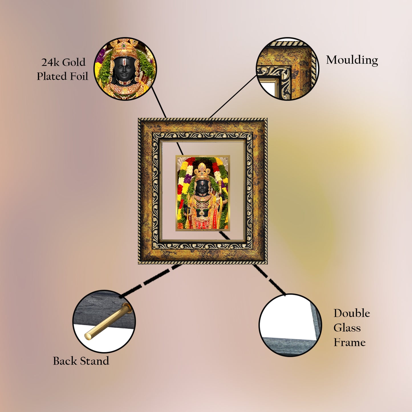 DIVINITI 24K Gold Plated Foil Ram Lalla Photo Frame for Home & Office Decor, Table, Wall Hanging, Puja Room & Gift DG 113 Size 1 (17.7x15.9 CM)