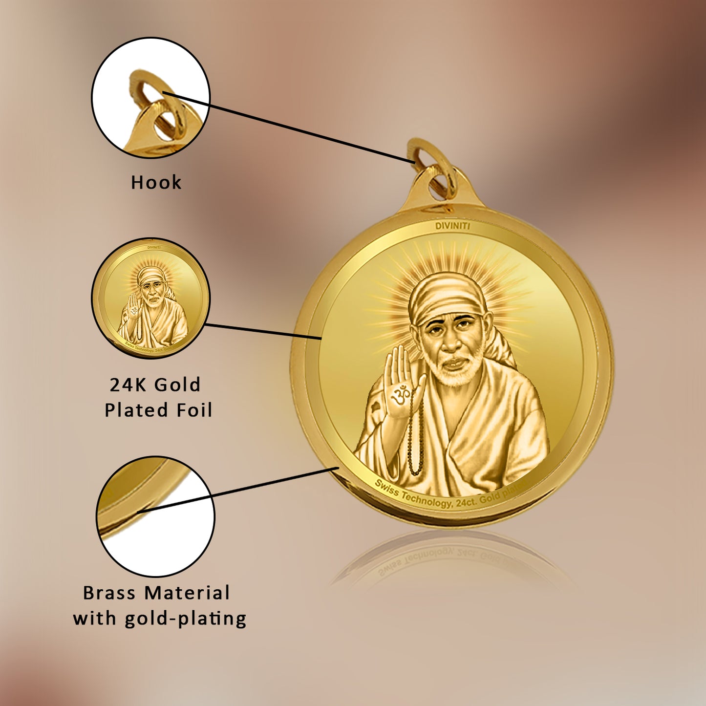 Diviniti 24K Gold Plated Sai Baba & Om 22MM Double Sided Pendant For Men, Women & Kids