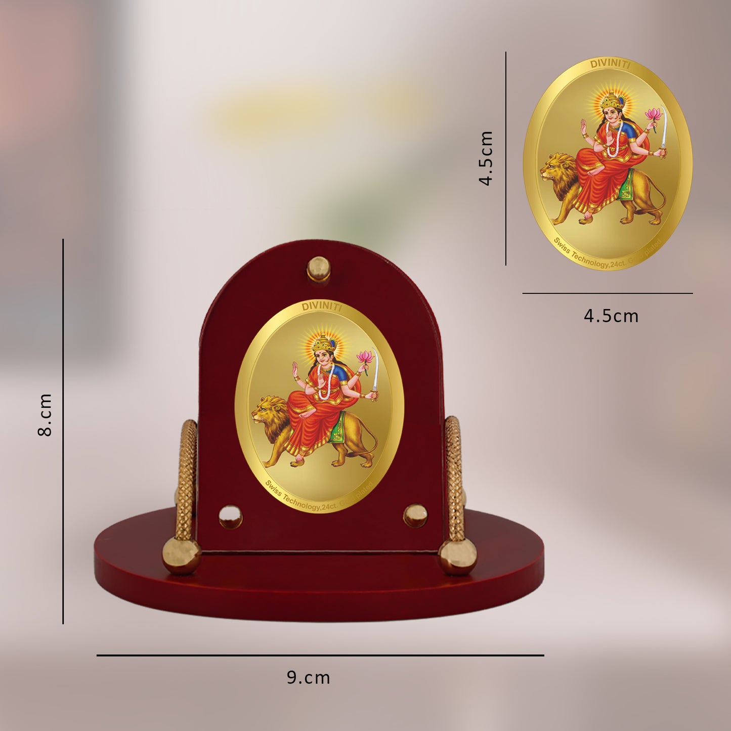 Diviniti 24K Gold Plated Katyayani Mata Frame for Car Dashboard, Home Decor, Table & Office| MDF 7D+ Royal Car Frame with 24K Gold Plated Foil| Religious Frame for Puja, Festival Gift (8 CM x 9 CM)