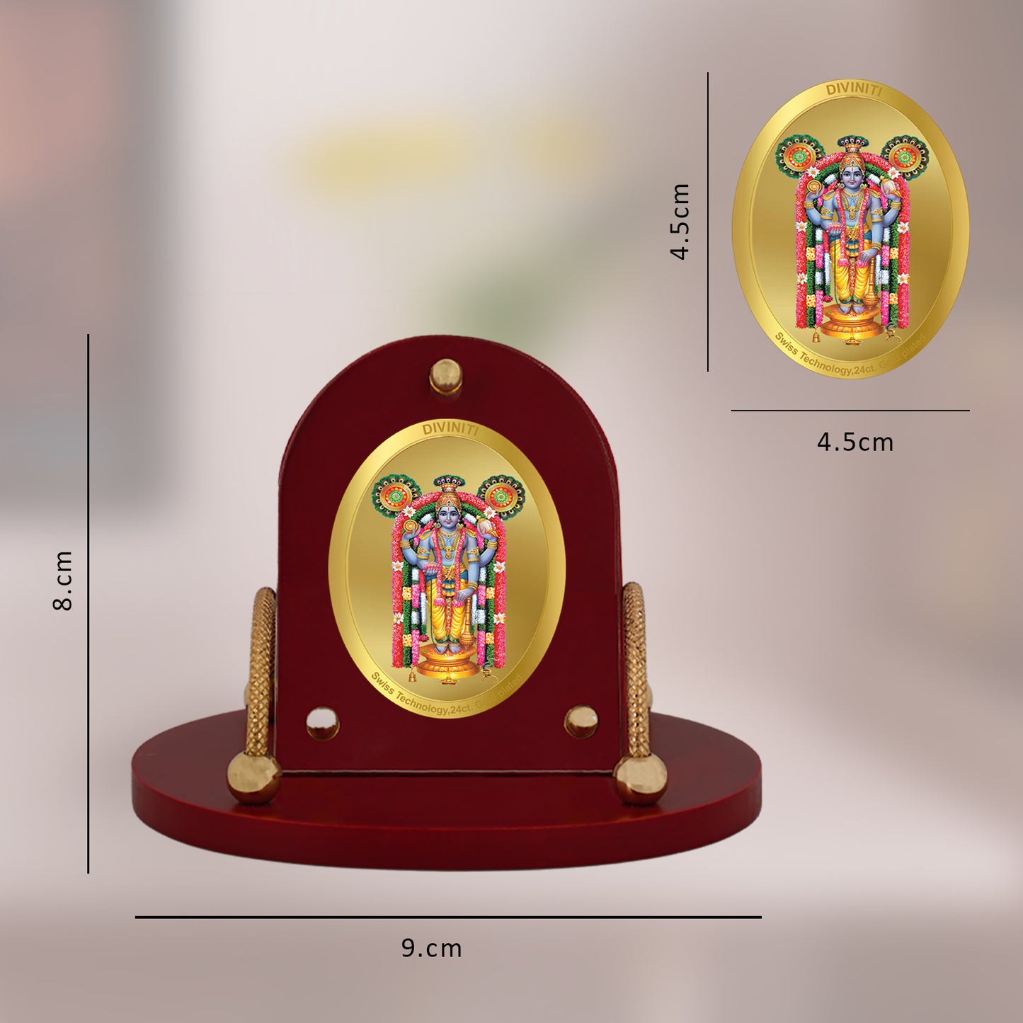 Diviniti 24K Gold Plated Foil Guruvayurappan Frame for Car Dashboard, Home Decor, Table & Office (8 CM x 9 CM)