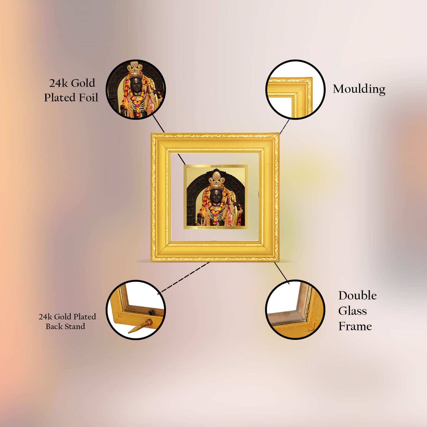 DIVINITI 24K Gold Plated Lord Ram Lalla Elegant Wall Photo Frame Idol for Table Top, Home & Office Decor, Puja Room, Gifts|DG101S1A (10x10 CM)