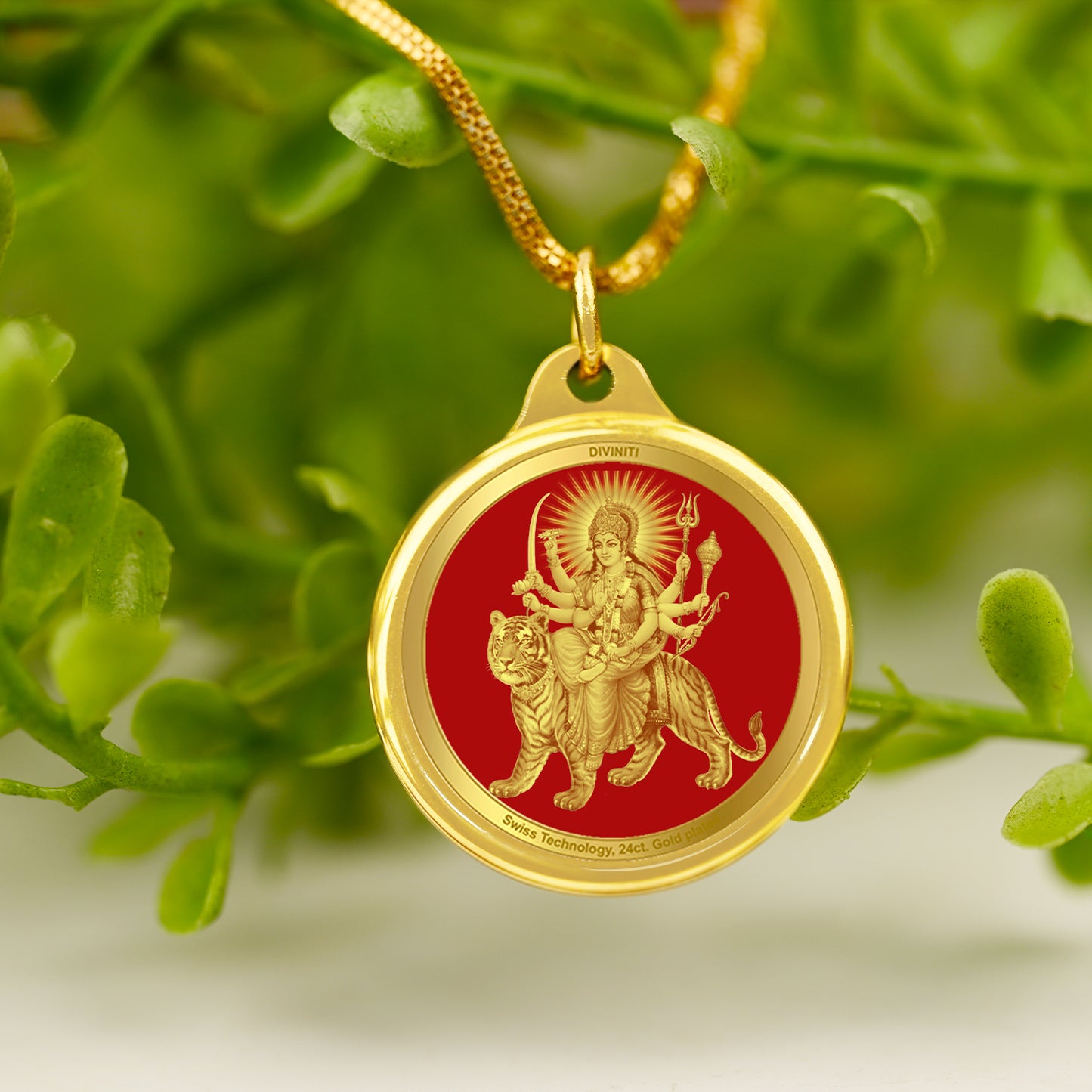 DIVINITI 24K Gold Plated Durga & Mata Ka Darbar 22MM Double Sided Pendant For Men, Women & Kids