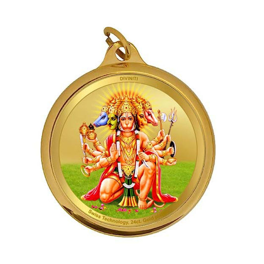 Diviniti 24K Gold Plated Lord Panchmukhi Hanuman & Yantra Double Sided Pendant showcasing vibrant artistry.