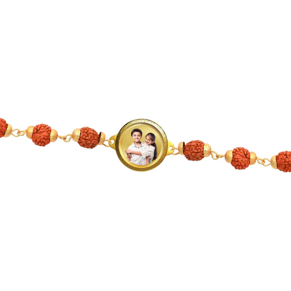 Personalized Rudraksha Rakhi with 18MM 24K Gold Plated Foil Divine Raksha Bandhan Gift