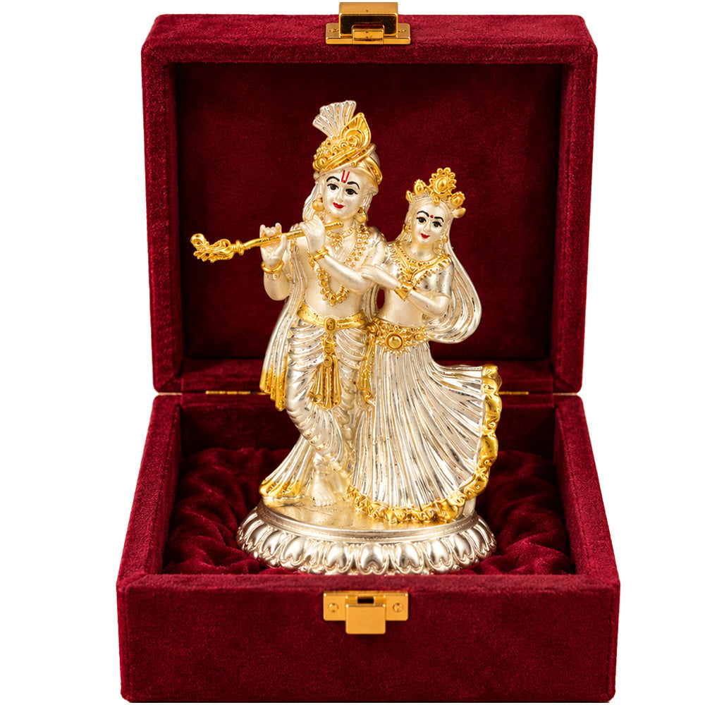 999 Silver-Plated Dual-Tone Radha Krishna Idol | Premium Gift Box | 11.5x8 CM