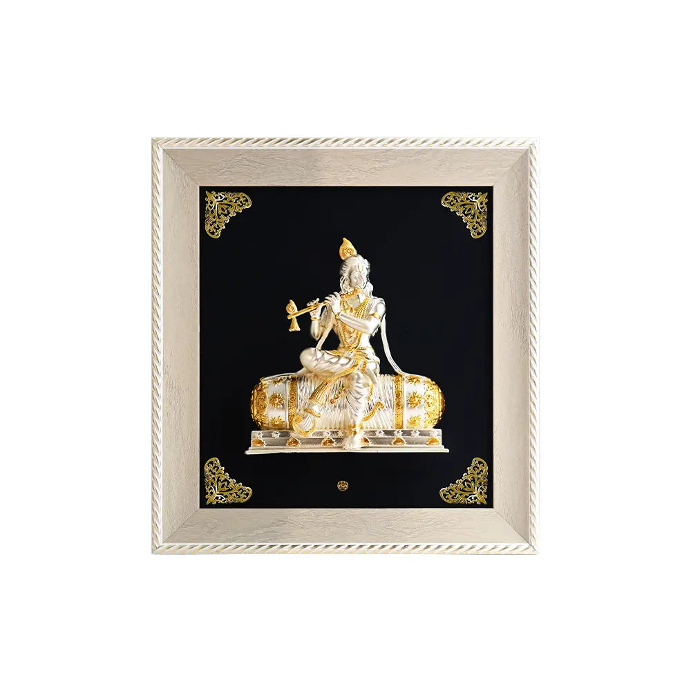 Exquisite 999 Silver & 24K Gold-Plated Lord Krishna 3D Relief Wall Art | Elegantly Encased in a European Frame | Perfect for Home Temples, Décor & Luxurious Gifting