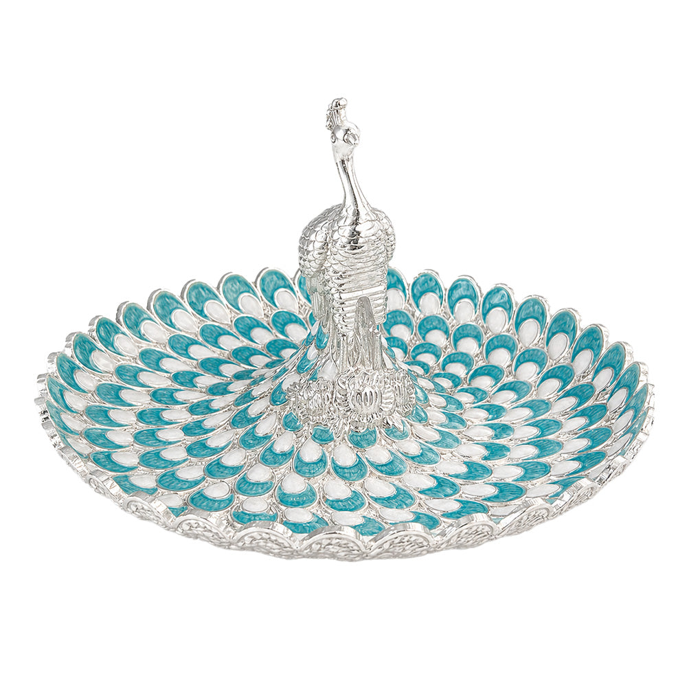 Diviniti Turquoise Blue Peacock German Silver Platter with intricate design and gift box.