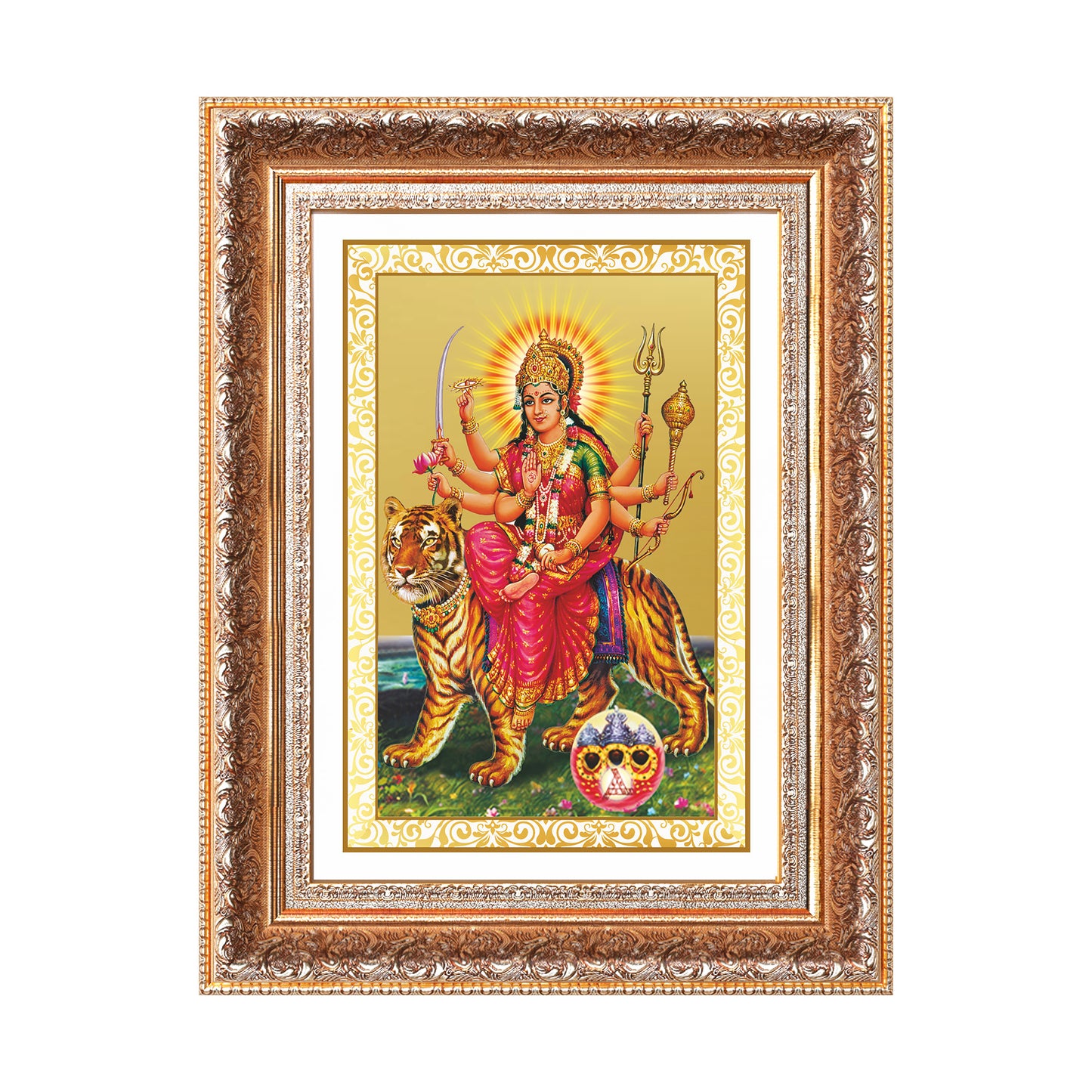 Durga Sherawali Mata with Pind | Divine Wall Mount Photo Frame in 24K Gold Plated Foil