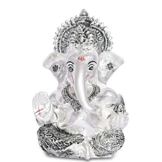 Diviniti 999 Silver Plated Resin Lord Ganesha Idol for Car Dashboard Tabletop for Home Decor Mandir Puja Gift Silver (8.4x4.2cm)