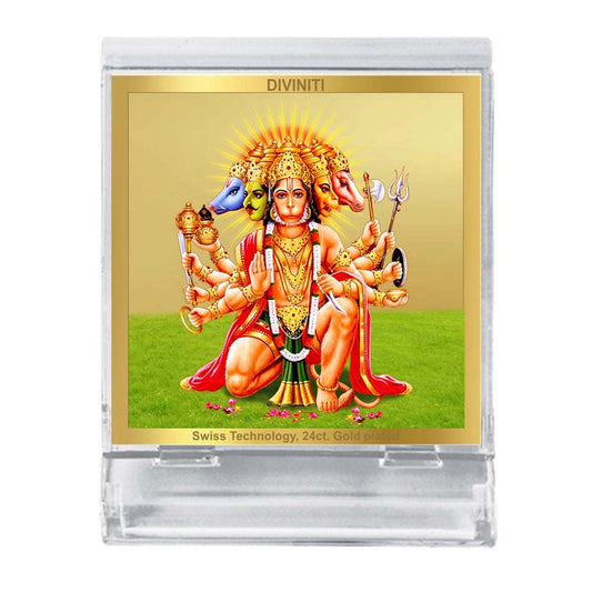Diviniti 24K Gold Plated Foil Panchmukhi Hanuman Acrylic Frame for Car Dashboard, Puja Room, Home Decor, Tabletop, Festival Gift ACF3A (5.8x4.8 CM)