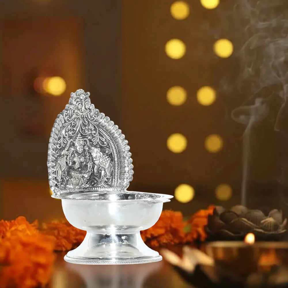 Pure Silver | Traditional Lakshmi Kamakshi Diya Set Decorative Oil Lamps for Puja & Festive Decor (Set of 2) 360 g