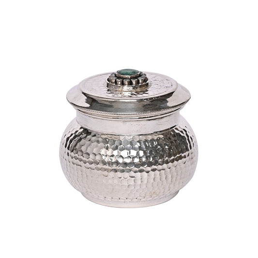 Pure Silver Serenity Box Green Eye Studded Handcrafted Storage Container (8x6x7 cm, 152g)