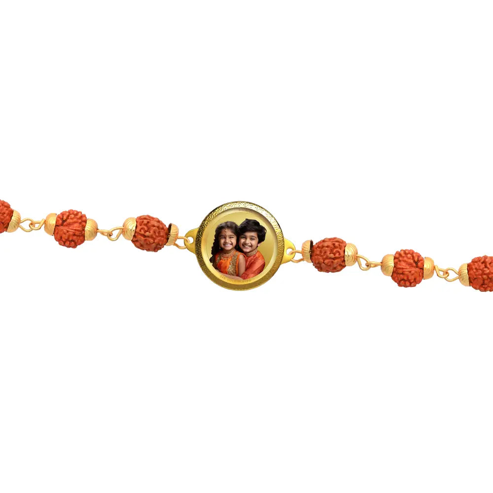 Personalized Rudraksha Rakhi with 18MM 24K Gold Plated Foil Divine Raksha Bandhan Gift