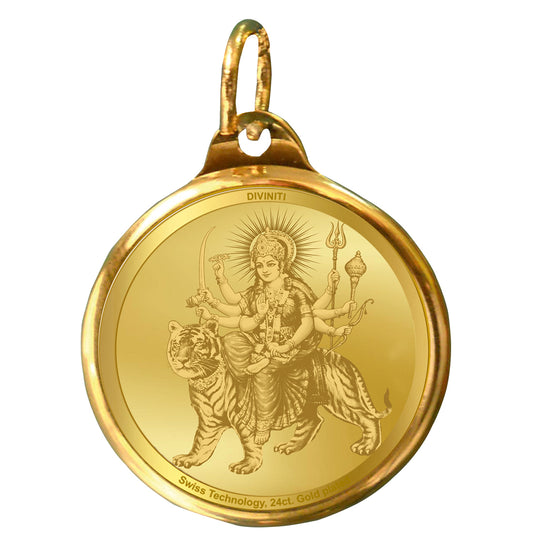 DIVINITI 24K Gold Plated Durga & Mata Ka Darbar 22MM Double Sided Pendant For Men, Women & Kids