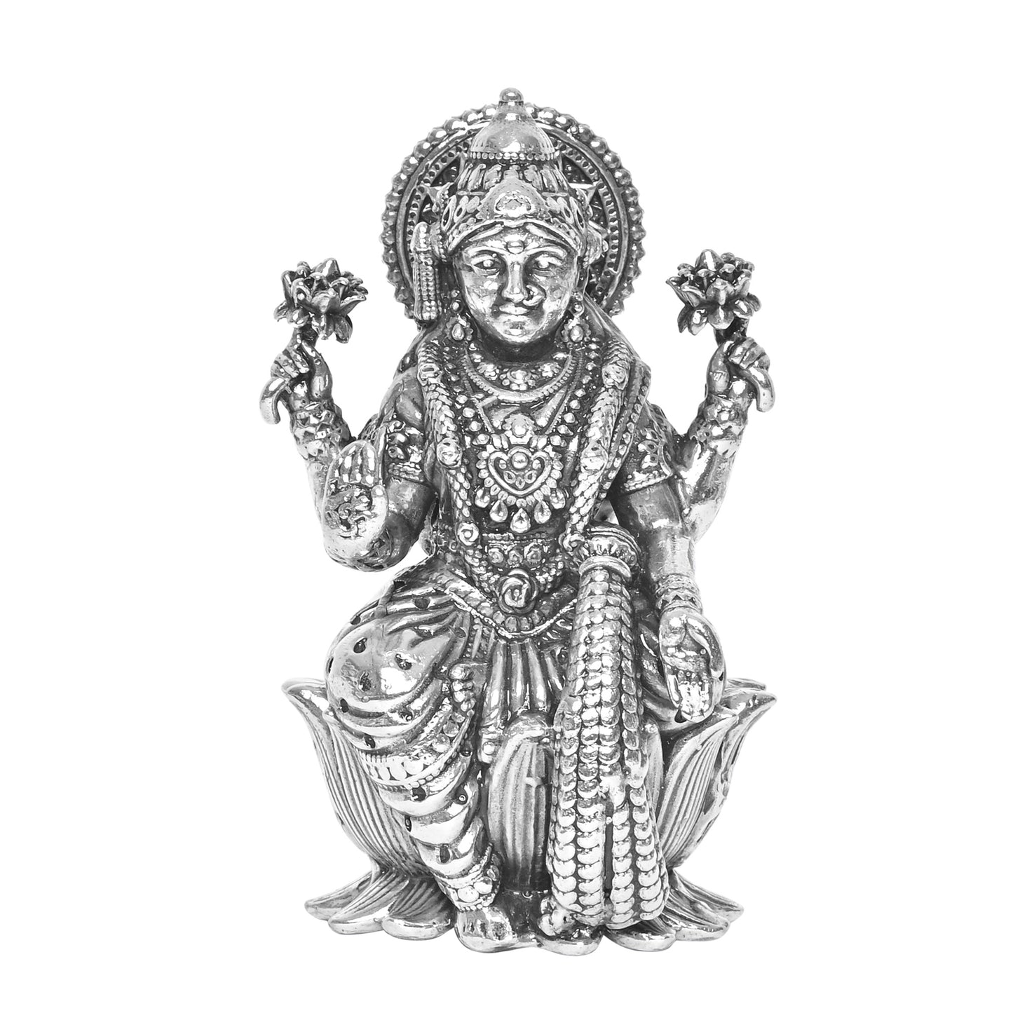 925 Pure Silver Laxmi Ji Idol Statue Divine Elegance Wealth and Prosperity for Home Office Décor, Tabletop, Puja Room Gift (4x4.5 CM, 45g)