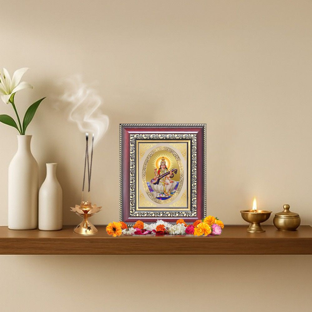 Diviniti 24K Gold Plated Saraswati Mata (ROYAL) Divine Table Top Frame for Home Mandir & Office Decor | Luxury Spiritual Gift
