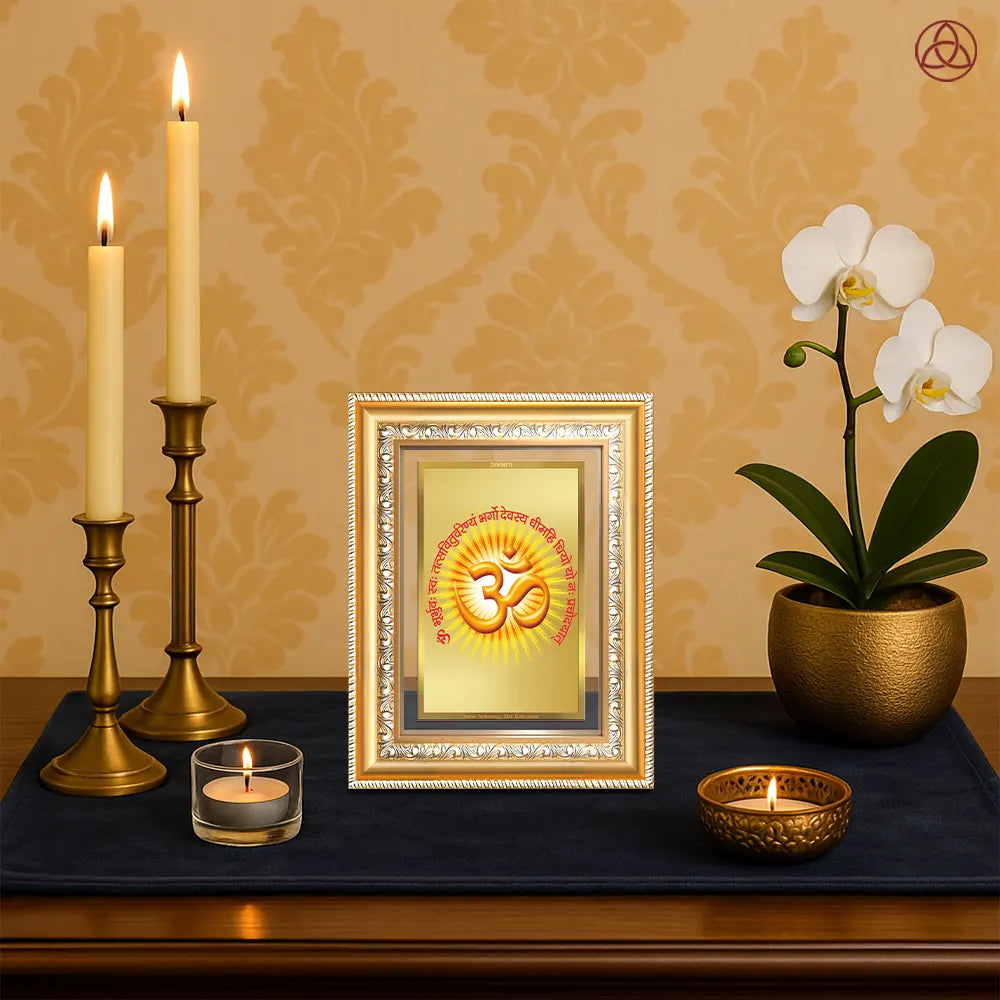 Om with Gayatri Mantra | Sacred Vibration & Vedic Wisdom Wall & Tabletop Photo Frame in 24K Gold Plated Foil