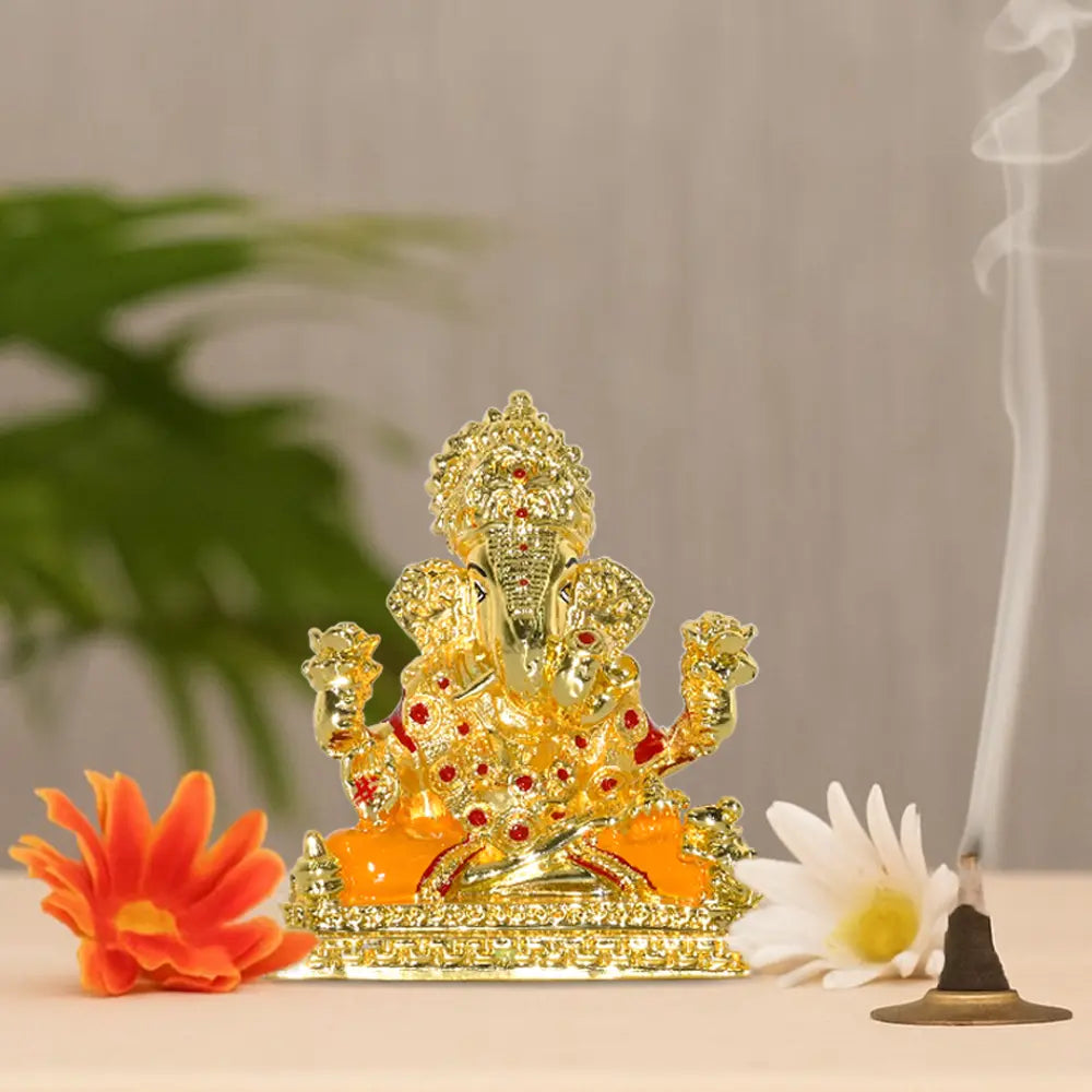 Lord Ganesha Idol Statue with Red Stones | Decorative Spiritual Showpiece for Home & Office