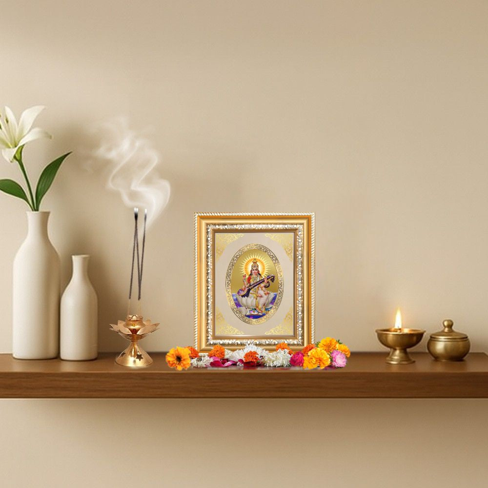 Goddess Saraswati Mata Divine Knowledge & Wisdom Sacred Royal Tabletop Frame in 24K Gold Plated Foil