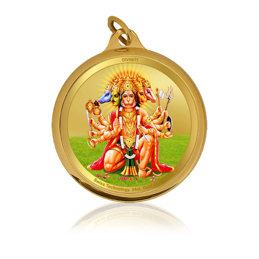 Diviniti 24K Gold Plated Foil Lord Panchmukhi Hanuman & Yantra 22MM Double Sided Pendant showcasing divine artwork.