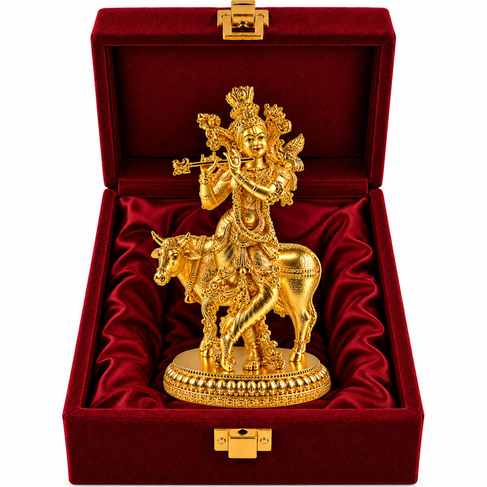 24K Gold-Plated Lord Krishna with Cow Idol | Premium Gift Box | 26x15 CM