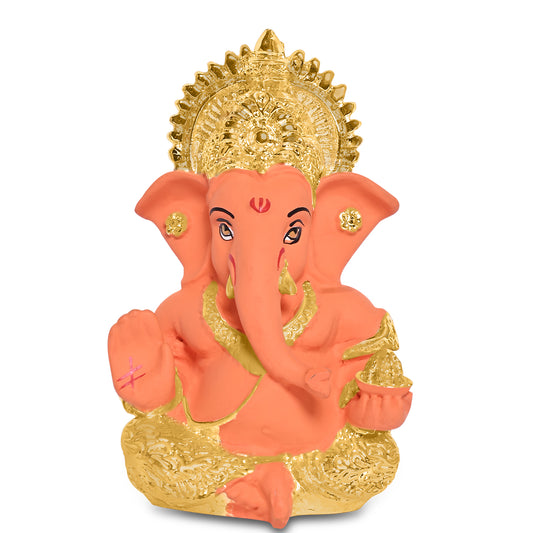 Diviniti 24K Gold Plated Resin Lord Ganesha Idol for Car Dashboard Tabletop for Home Decor Mandir Puja Gift Orange & Gold(8.4x4.2cm)