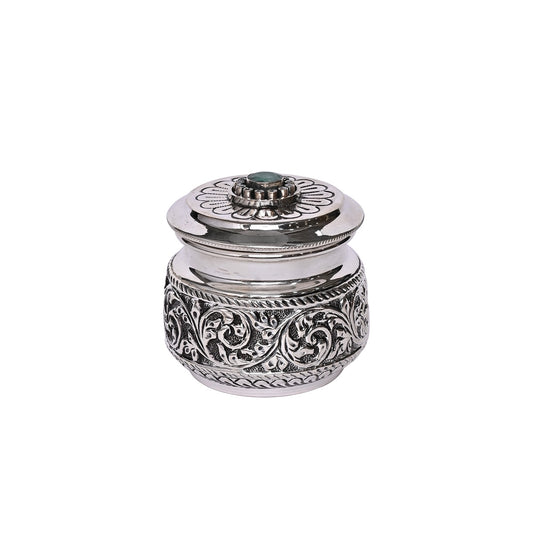 Pure Silver Serenity Box Green Eye Studded, Antique Vintage Design, Handcrafted Storage Container (8x6x7 cm, 148g)