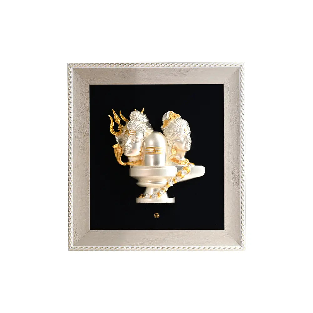 Divine Shiva Parvati with Holy Lingam in 3D Relief | Crafted in 999 Silver & 24K Gold | Framed in European Elegance for Temples, Décor & Premium Gifting