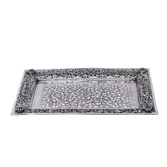 Pure Silver Serving Plate Vintage Dining Elegance, Handcrafted Tableware, Classic Silver Art (28x20 cm, 433g)