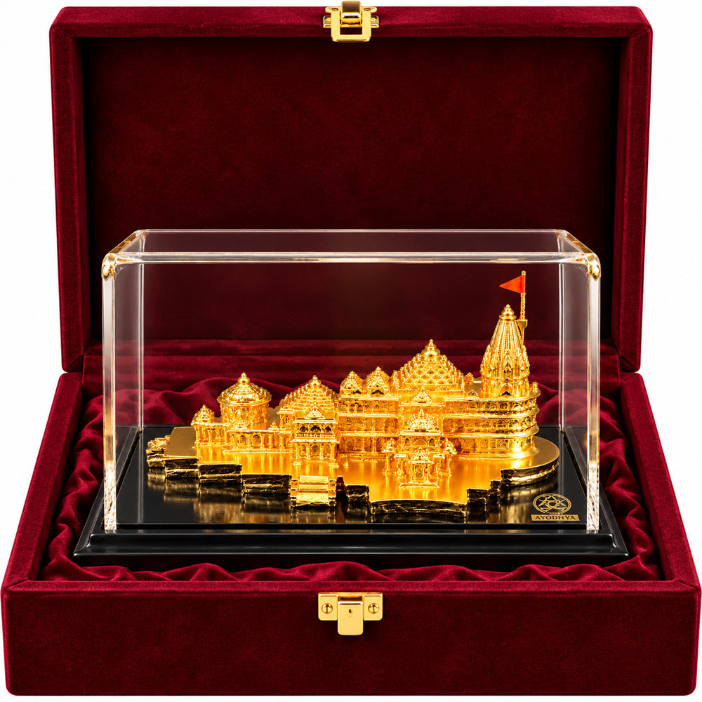 24K Gold-Plated Ram Mandir Showpiece | Premium Gift Box | 7x14 CM