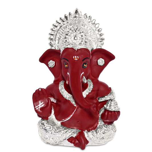 Diviniti 999 Silver Plated Resin Lord Ganesha Idol for Car Dashboard Tabletop for Home Decor Mandir Puja Gift Red (8.4x4.2cm)