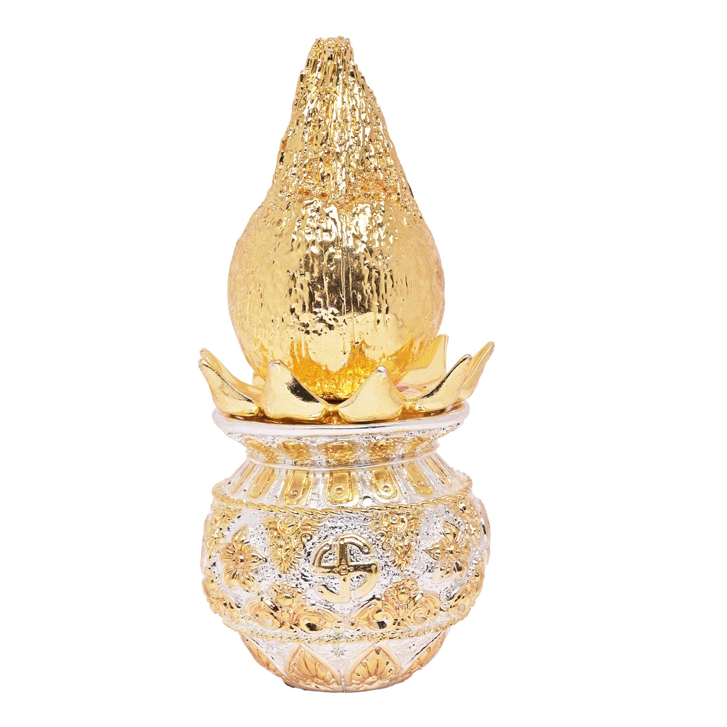 DIVINITI 24K Gold Plated Swastik Kalash with Coconut Elegance Rituals and Celebrations for Home Office Décor Puja Room Diwali Gift (16x8 CM)