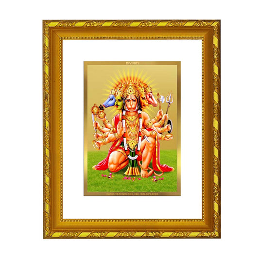 DIVINITI 24K Gold Plated Foil Panchmukhi Hanuman Photo Frame for Home Decor, Puja Room, Table Top, Wall Hanging, Workshop, Luxurious Gift|DG103 Size 2 (22.6x18.4 CM)