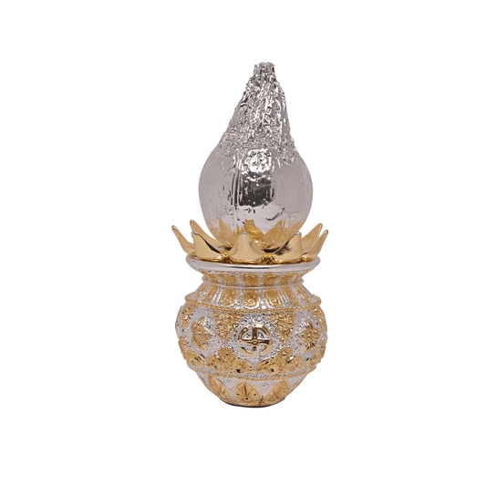 DIVINITI 24K Gold Plated Swastik Kalash with Silver Plated Coconut Elegance Rituals and Celebrations for Home Office Décor Puja Room Diwali Gift (16x8 CM)