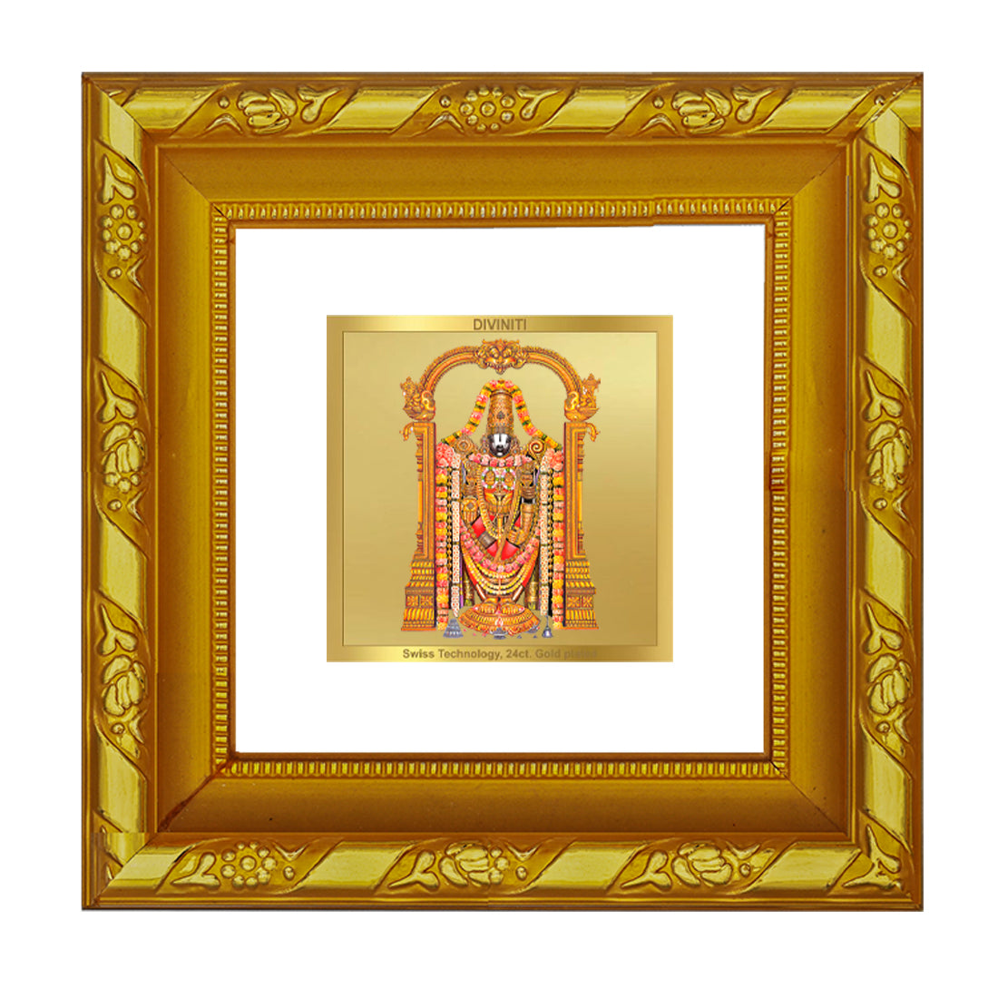 DIVINITI 24K Gold Plated Tirupati Balaji Photo Frame Idol for Puja Room, Table Top, Home Decor, Workshop, Premium Gifts | DG103S1A (10x10 CM)