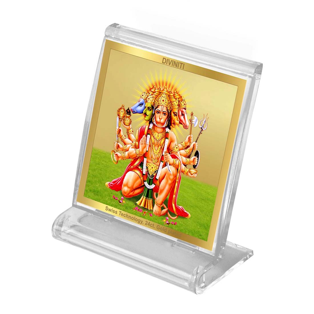 Diviniti 24K Gold Plated Foil Panchmukhi Hanuman Acrylic Frame for Car Dashboard, Puja Room, Home Decor, Tabletop, Festival Gift ACF3A (5.8x4.8 CM)