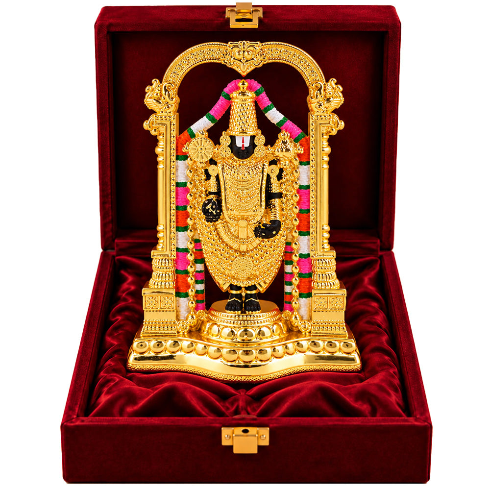 24K Gold-Plated Lord Tirupati Balaji Idol | Premium Gift Box | 21x14 CM