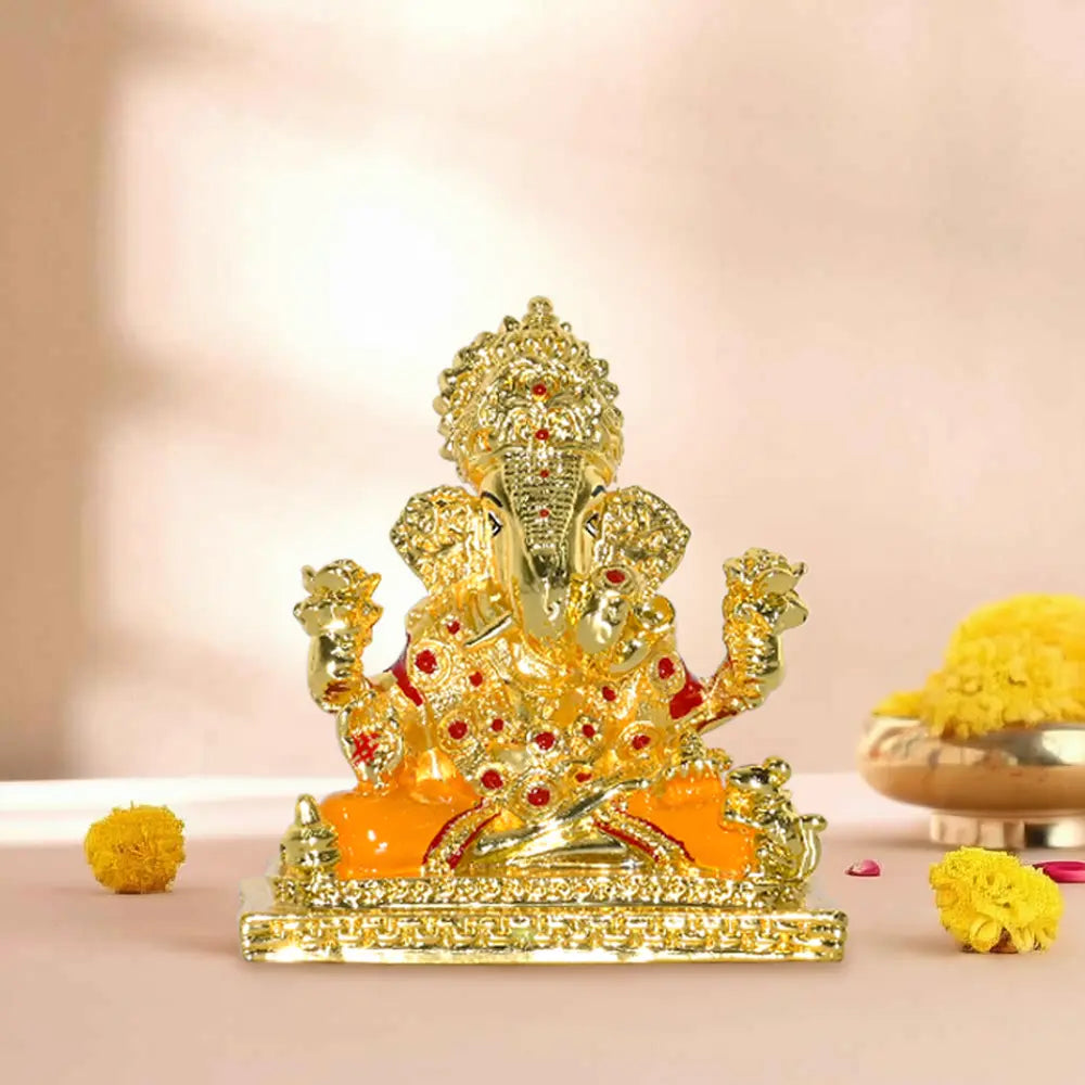 Lord Ganesha Idol Statue with Red Stones | Decorative Spiritual Showpiece for Home & Office