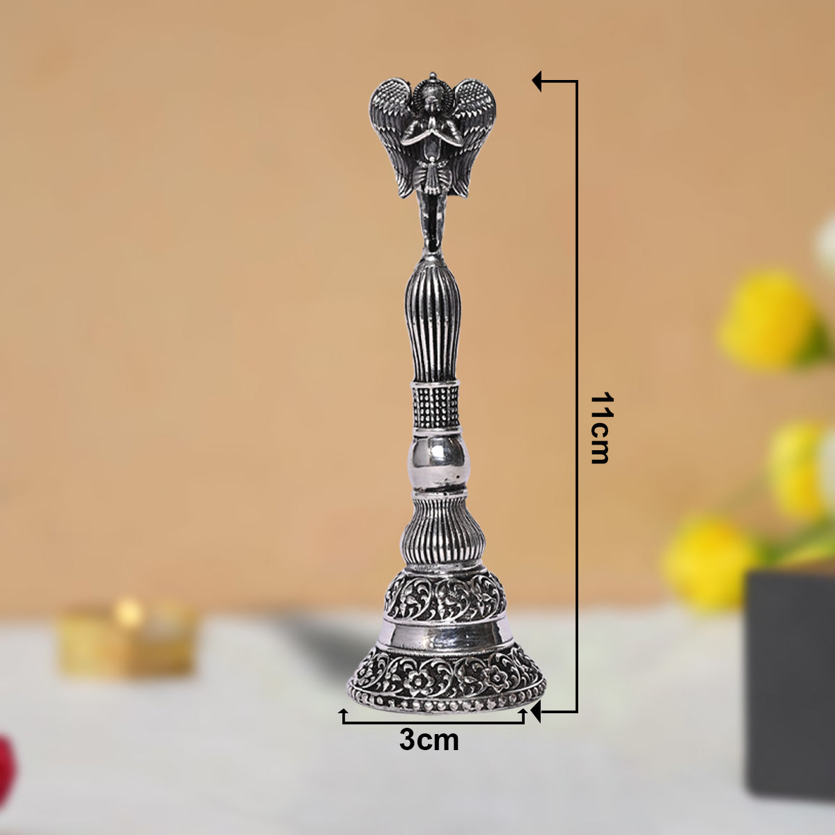 Pure Silver Mandir Puja Bell Handcrafted Temple Bells, Sacred Ritual Decor, Vintage Spiritual Art (3x11,77g)