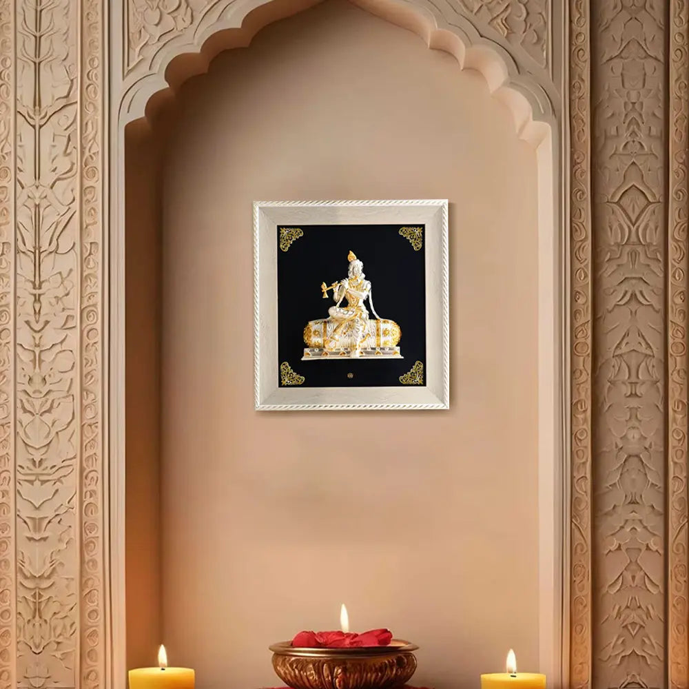 Exquisite 999 Silver & 24K Gold-Plated Lord Krishna 3D Relief Wall Art | Elegantly Encased in a European Frame | Perfect for Home Temples, Décor & Luxurious Gifting