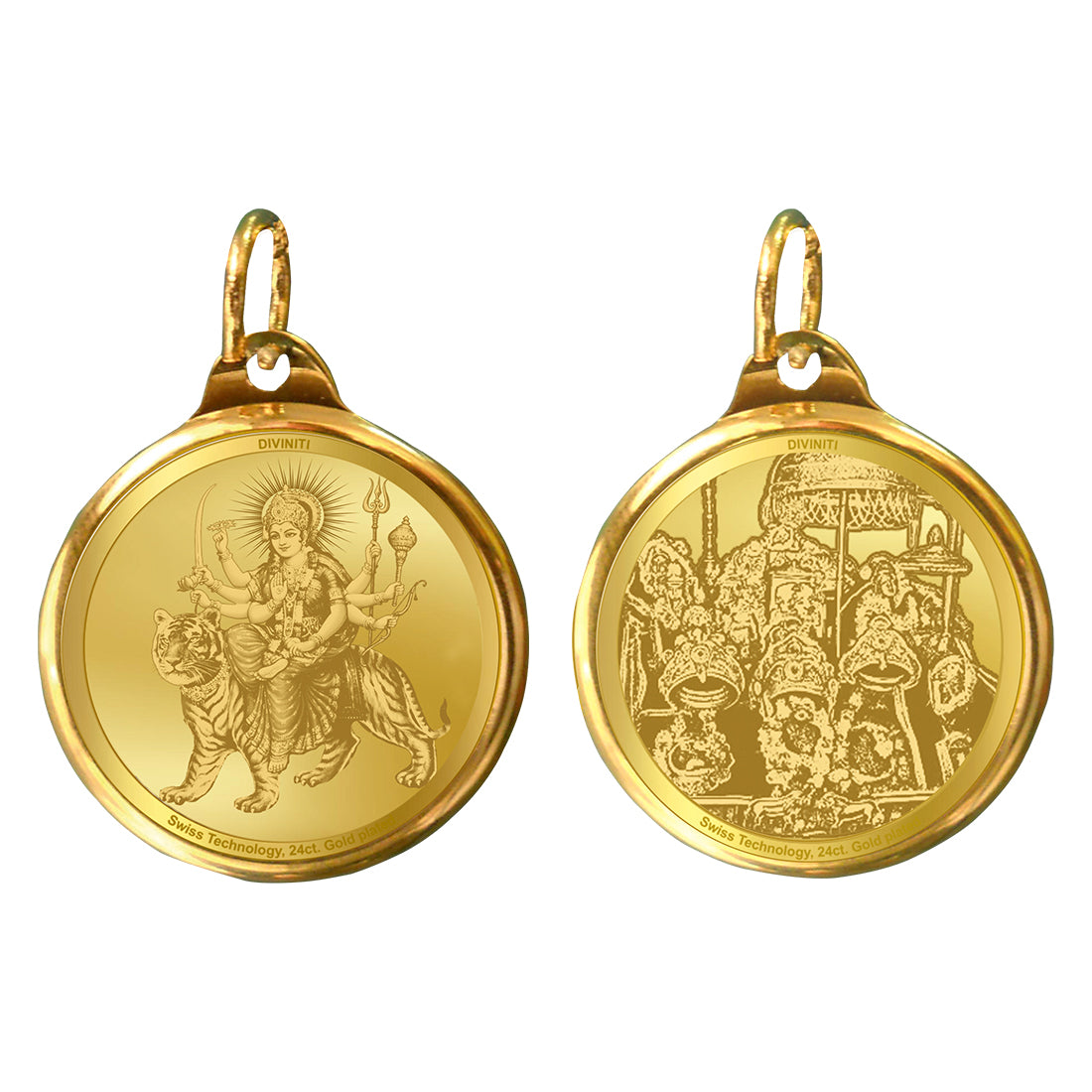 DIVINITI 24K Gold Plated Durga & Mata Ka Darbar 22MM Double Sided Pendant For Men, Women & Kids