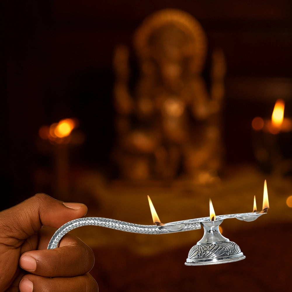 Pure Silver | 6 Mukhi Arti Diya for Puja Room |Spiritual Decor | Home Temple | Festive Decor (264 g)